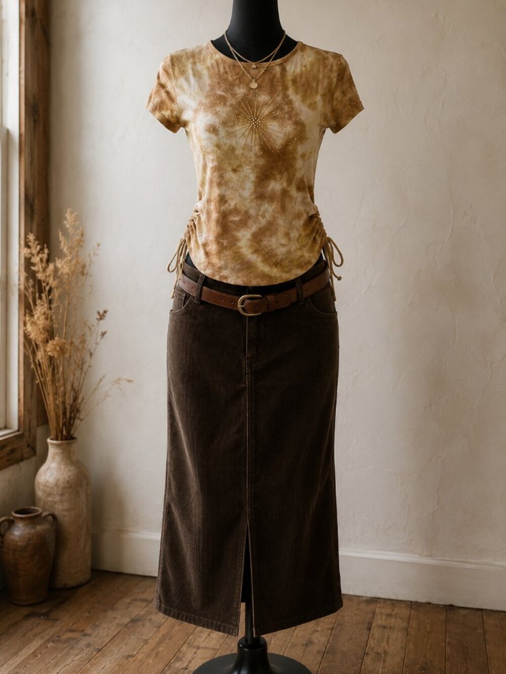 Rave Vintage 90s Brown Tie Dye Rhinestone Ruched Side Baby Tee Size Small